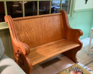 oak deacon's pew, embroidered foot stool