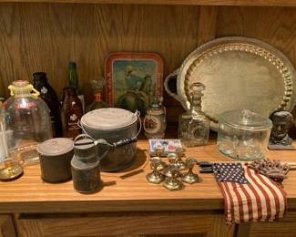 antique cheese round jar, berry pails, milk bottles, Abraham Lincoln bookends, heavy tray