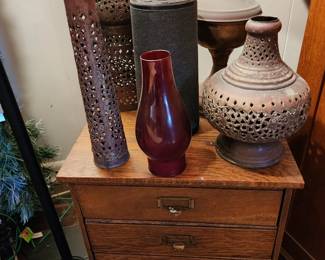 Antique Small Oak 4 Drawer Cabinet - Vintage Brass Decor - Brass Oil Lamp