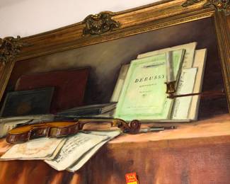 Vintage Oil on canvas still life with a musical motif