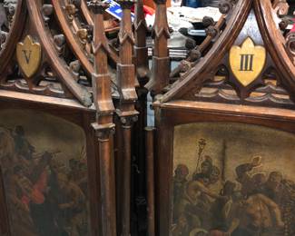 Set of 13 stations of the cross (out of 14) painted on tin, in Gothic frames, needing restoration. I have all finials & crosses, but numerous small moldings are missing or broken. $4,500 the set. 