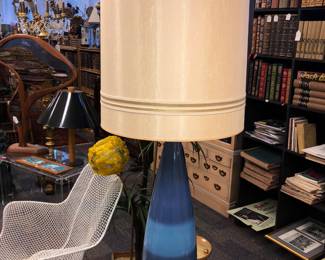 Mid Century Modern ceramic tall blue table lamp 