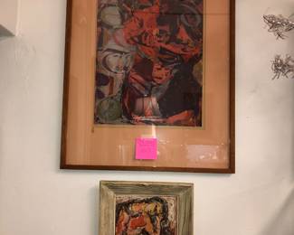 Sister Mary Corita Kent lithograph “Benedictine” on top.
S. Gurulak Ukrainian watercolor drawing on bottom 