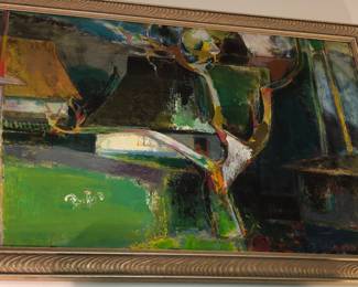 Boris Buriak Ukrainian oil painting, village thatched roofs & grassy yard motif