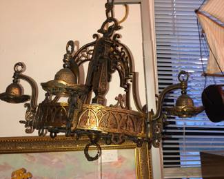 Circa 1920s brass hanging fixture with mica inserts 
