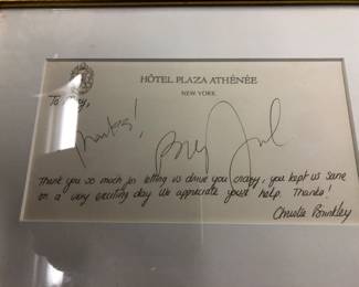 Billy Joel and Christie Brinkley autographed Hotel Plaza Athenee’ card 