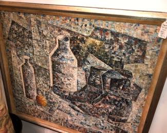 Modernist still life oil on canvas, with repair to back, signed Loren 