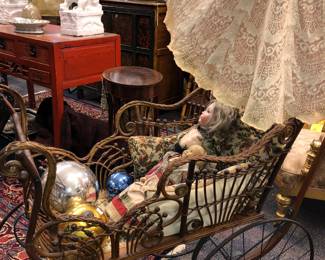 Large, Victorian Antique baby carriage with parasol