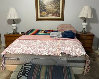 queen sized mattress and box springs, pair of night stands and pair of lamps, bench, beautiful linens