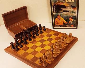 Vintage all wood chess set and 1965 Breakthru strategy game