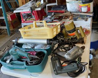 Drills, router, sander, misc hand tools