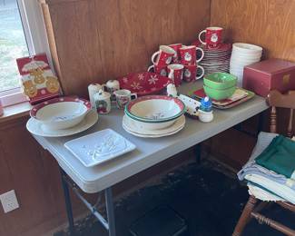 assortment of dishes, bakeware, cookware, linens, serving dishes, cups, glasses and more!