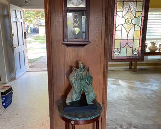 wall pendulum clock, matching pair of stained glass windows