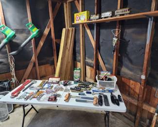 Vintage tools including Craftsman USA, Rigid, Stanley, gun scopes, holsters, knives, rock hammers & chisels