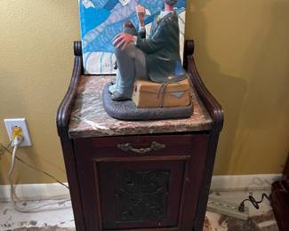 antique Victorian coal bin/side table on wheels with marble top