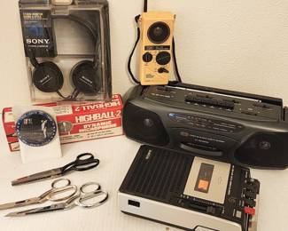 Wiss scissors, Hy-Test pinking shears, Rex Cutlery Germany JOY Super-edge 88 Scissors, collectible 1969-1989 NASA "we were there" Button, highball microphone, Sony headphones, Tozai boom box, sony tape recorder, Tozai all weather radio