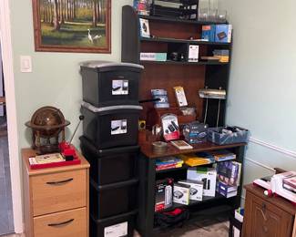 Tall desk, office supplies, file cabinet
