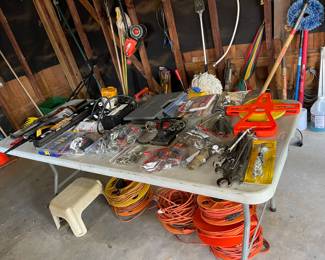 Large assortment of extension cords, vintage craftsman and Stanley tools - wrenches and screwdriver