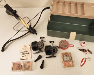 mini cross bow with 3 arrows, 2 western waters reels, fishing gear