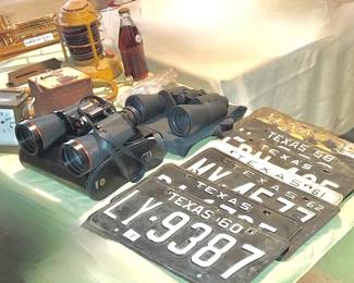 TX License Plate, Old Box Clock, Binoculars