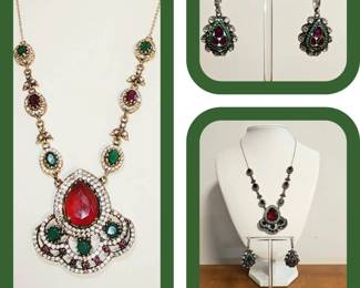 Sterling Silver With Red Gemstones  Necklace .Earring Set