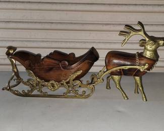 RARE VINTAGE Brass  Wood Sleigh Reindeer  Sled Christmas Around The World