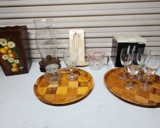 Vintage PYREX Crystal  Wood Hurricane Lamp  Platters  Basket