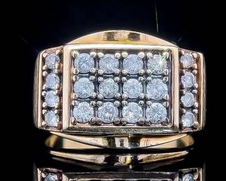 Gent's 1 Carat Diamond Multi-Row Rectangular Square Top Beveled Signet Ring in 14k Yellow Gold