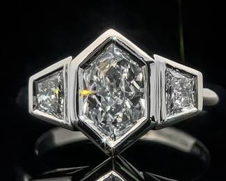 1.54 Carat Diamond Three Stone Ring, Exclusive Duchess Cut & Cadillac Cut Bezel Ring in Platinum - VVS Clarity/E-F Color