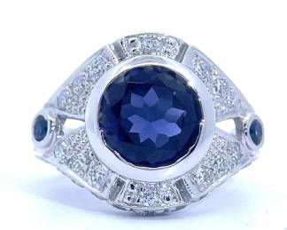 Round Blue Sapphire & Tourmaline Three-Stone & Diamond Pave Shield Ring in 14k White Gold