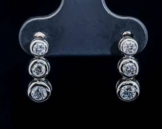 0.56 Carat Bezel Set Diamond Triple Three-Stone Solitaire Past, Present & Future Linear Drop Earrings in 14k White Gold