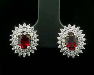 1.50 Carat Oval Ruby & Diamond Double Cluster Wreath Stud Earrings in 14k White Gold w/ Screw Backs