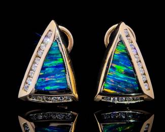 Retro-Modern Rainbow Opal Inlay & Diamond Triangle Stud Earrings in 14k Yellow Gold - Fine Quality & Design