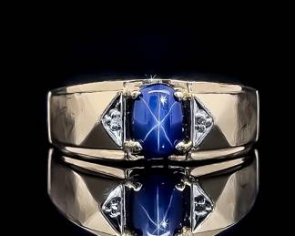 Blue Star Sapphire and Diamond Men's Ring in Gold