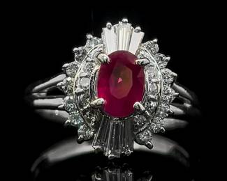 Estate Oval Natural Ruby Solitaire & Diamond Baguette & Round Brilliant Ballerina Cocktail Estate Ring in Platinum