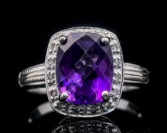 Amethyst Checkerboard Cut & Diamond Halo Cocktail Ring in 14k White Gold