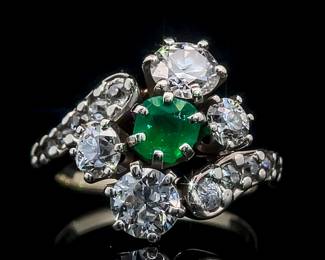 Emerald Solitaire & Diamond Flower Cluster Bypass Ring in 14k Yellow Gold