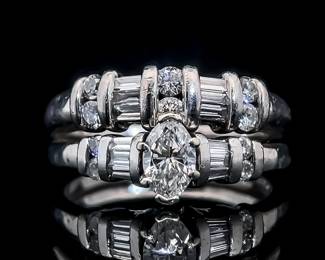 Ladies 1.51 Carat Diamond Solitaire & Channel Bar Round & Baguette Diamond Soldered Wedding Ring Set in Platinum 950