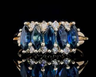 Marquise Blue Sapphire & Diamond Anniversary Style Split Shoulder Shank Ring in 14k Yellow Gold