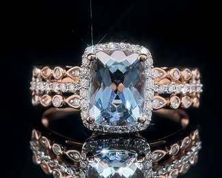 Natural Aquamarine & Diamond Rectangular Cut Solitaire Halo Triple Row Estate Ring in 14k Rose Gold