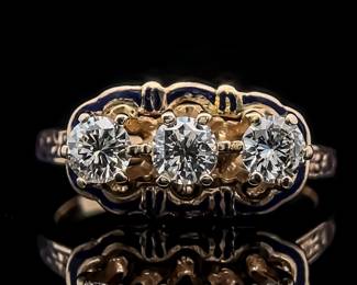 1.50 Carat Diamond Vintage Three-Stone & Enamel Raised Crown Ring in 14k Yellow Gold