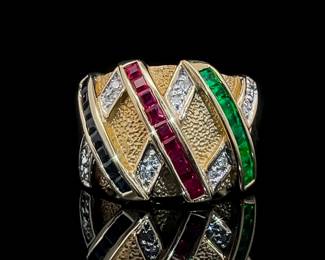 Natural Emerald, Blue Sapphire & Ruby Criss Cross Basketweave Dome Ring in 14k Yellow Gold