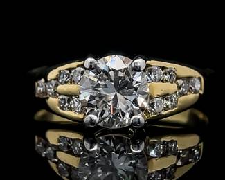 1.40 Carat Diamond Round Brilliant Solitaire & Diamond Channel Ring in 18k Yellow Gold; $5,500 Retail