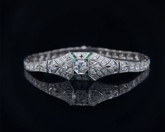 3.70 Carat Diamond & Emerald Art Deco Antique Filigree Bracelet in Platinum