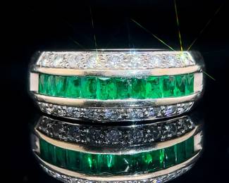 1.65 Carat Natural Emerald & Diamond Channel Triple Row Ring in 14k White Gold, Diamond