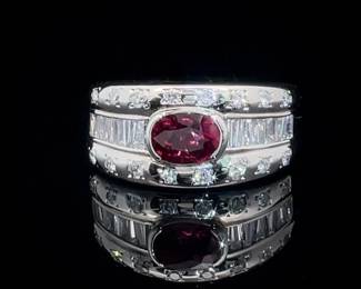 Oval Natural Ruby East-West Bezel & Diamond Round & Baguette Triple Row Estate Ring in Platinum