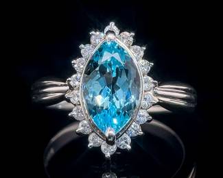 Crisp, Oceanic Blue Natural Aquamarine Marquise Cluster Halo Scalloped/Ribbed Ring in Platinum