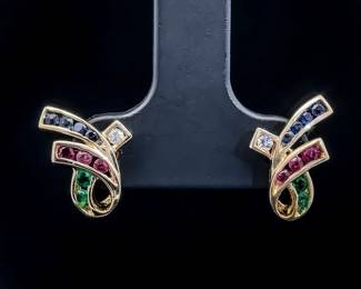 Multi-Gemstone Ruby, Sapphire & Ruby Ribbon Diamond Earrings in 18k Yellow Gold