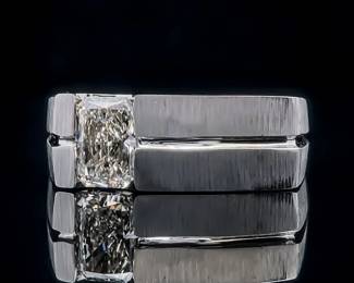 Gent's 1.01ct Diamond Radiant Cut Solitaire Grooved Square Top Ring 14k White Gold Brushed & Bright Shine Finish