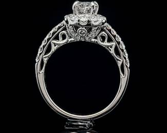 Spectacular 1.68 Carat Diamond Oval Halo Pave Openwork Scroll Milgrain Ring in 18k White Gold